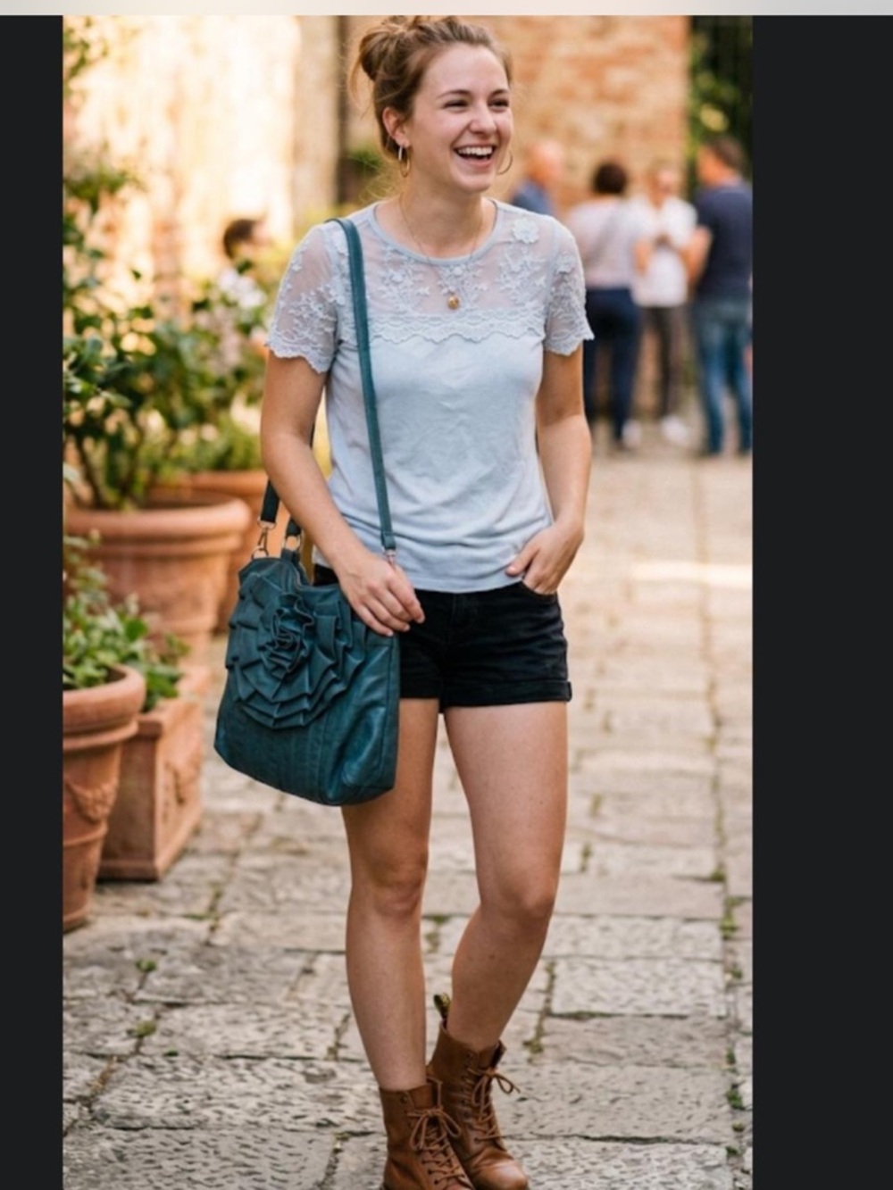 Sheer Lace Yoke Short Sleeve Top - Dusty Blue